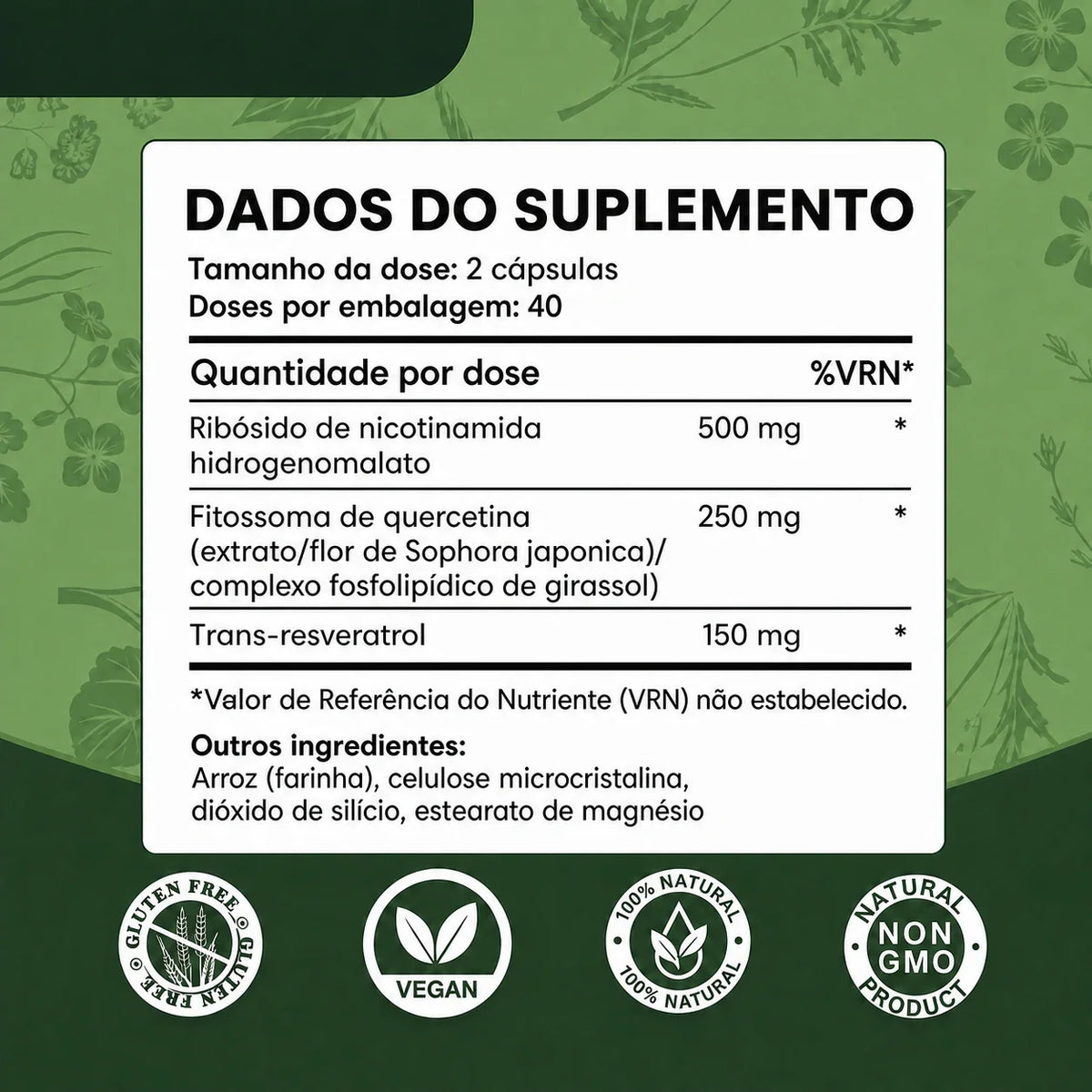 Reus Research NAD+ — dados do suplemento: dose de 2 cápsulas