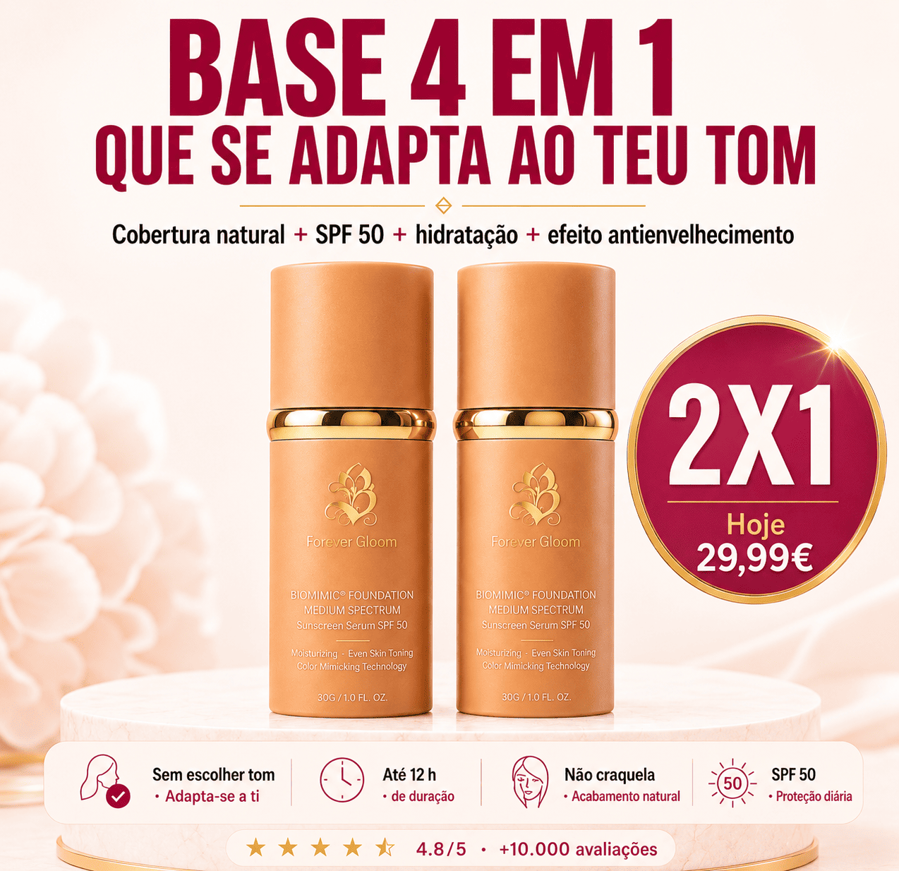Base 4 em 1 com SPF50 · Adapta-se ao teu tom